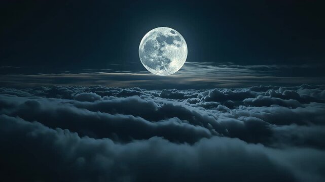 Full moon shining brightly above a dense layer of dark night clouds captured in motion video footage