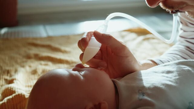 Dedicated father gently using a nasal suction device to remove mucus from his infant son's nostrils, providing relief from congestion and helping the baby breathe more easily at home