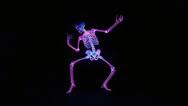 Glowing neon skeleton dancing with energetic neon purple and blue lights in a digital motion video clip