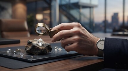 Naklejka na ściany i meble Close up of a businessman examining raw diamonds with a loupe in a modern office with city view