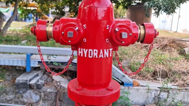 Close up of a bright red two-way fire hydrant pillar for municipal water supply and emergency fire safety outdoors