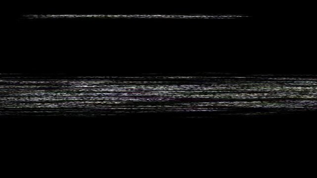VHS picture search overlay with erratic horizontal noise bands, tape dropouts and analog interference on black, seamless retro video loop