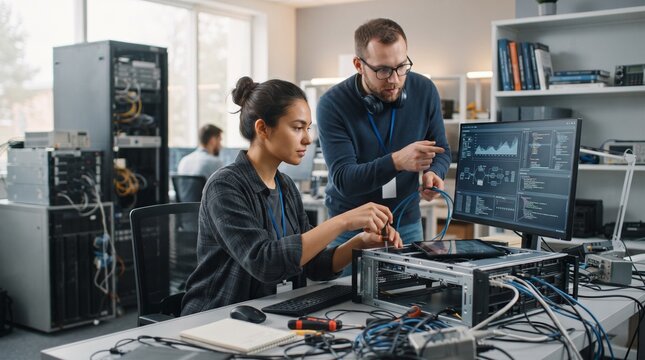 IT Professionals Collaborating on Server Hardware Installation and Network Configuration in Modern Data Center