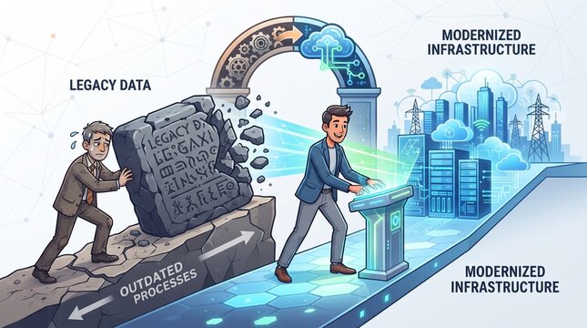 Business man transforming legacy data and outdated processes to modernized infrastructure with cloud technology and digital transformation concepts