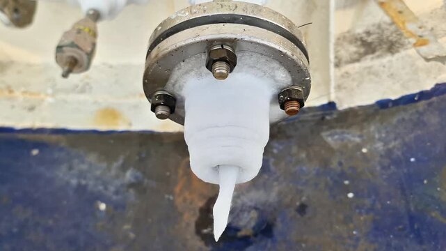 Heavy frost and ice formation on an industrial pipe flange connection due to extreme cold cryogenic fluid.