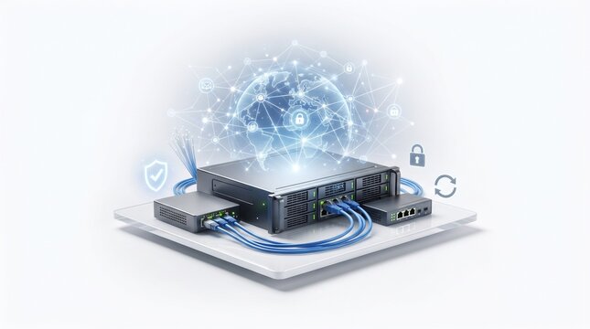 Modern data center server rack with global network connections and security icons for digital transformation and IT infrastructure