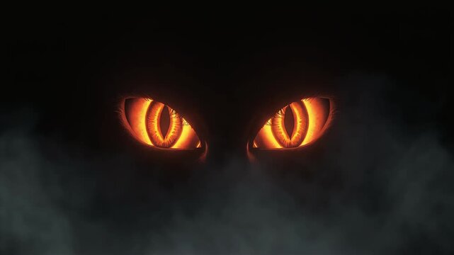 Glowing fierce cat eyes staring from dark shadows with spooky fog motion in video footage clip