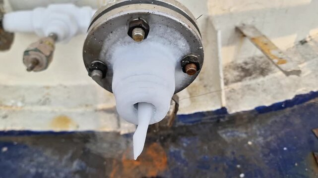 Heavy frost and ice formation on an industrial pipe flange connection due to extreme cold cryogenic fluid.