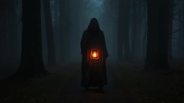 Mysterious hooded figure holding glowing lantern standing in foggy dark forest during night motion video footage