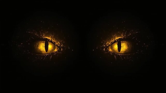 Glowing cat eyes blinking in dark digital motion graphic video clip animation backdrop featuring golden sparks