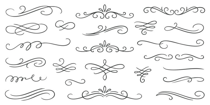 Set of hand drawn vintage flourish and floral swirl dividers for elegant wedding invitation card design