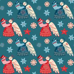 Fototapeta premium Scandinavian Christmas pattern with colorful vintage angels, stars, snowflakes and festive folk details on a teal background decorative illustration