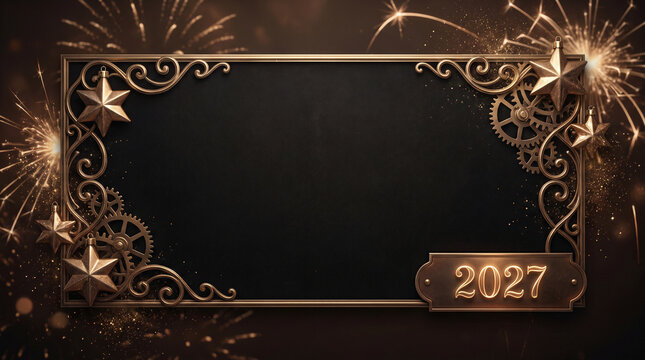 Steampunk banner with metallic gears and golden stars for the year two thousand twenty seven.