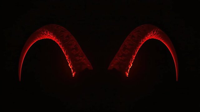 Glowing red devil horns floating against dark background in spooky animation video clip