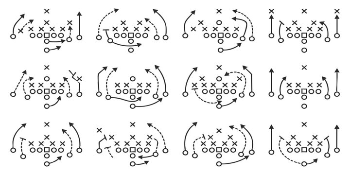 Set of American football play diagrams with strategic arrows showing player movement and tactical formations