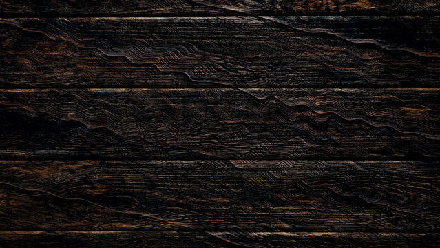 Abstract charcoal black and dark brown wood planks texture background with heavily distorted wavy grain lines