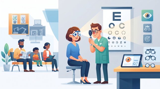 Optometrist examining a patient's eyes with a vision chart and modern technology in a clinic setting, ideal for healthcare marketing and advertising