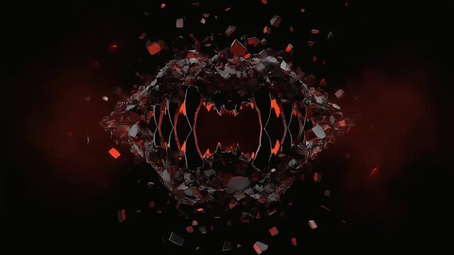 Glowing orange molten monster jaws opening wide with sharp jagged teeth in dark fantasy motion footage
