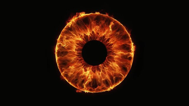 Fiery glowing eye iris burning intensely with bright orange flames rotating in dark space loop video footage