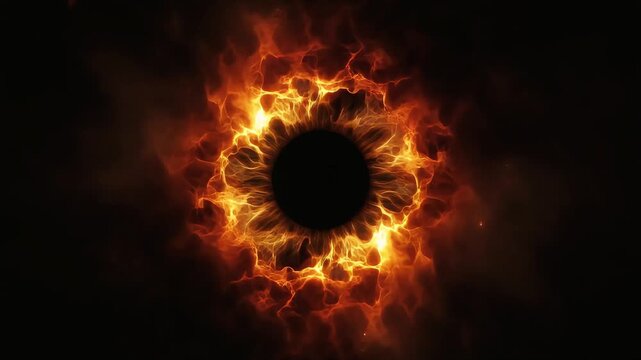 Fiery glowing eye iris burning intensely with bright orange flame motion footage loop background animation