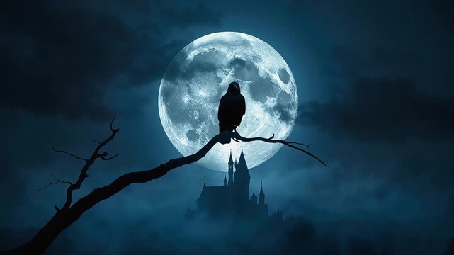 Dark crow perches ominously upon bare tree branch before massive glowing full moon and spooky medieval castle illustration stock footage