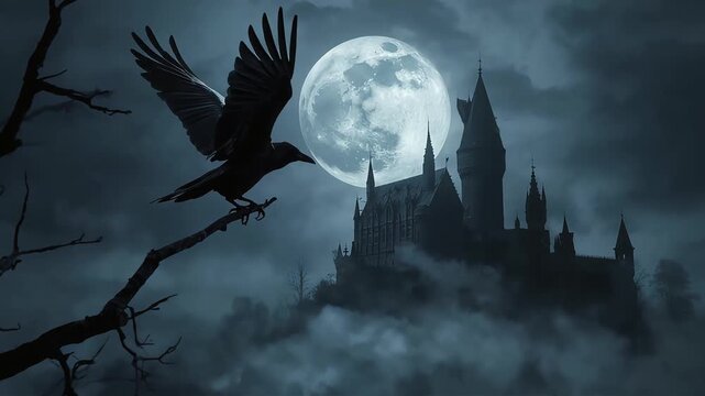 Spooky castle silhouette under full moon with mysterious raven landing on tree branch video motion