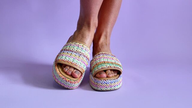 Woman Modeling Colorful Woven Platform Slide Sandals Studio Shot
