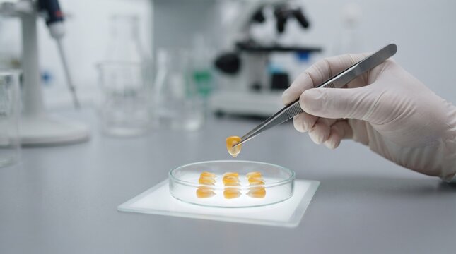 Scientist in white gloves uses tweezers to examine corn kernels in a petri dish for agricultural research and development