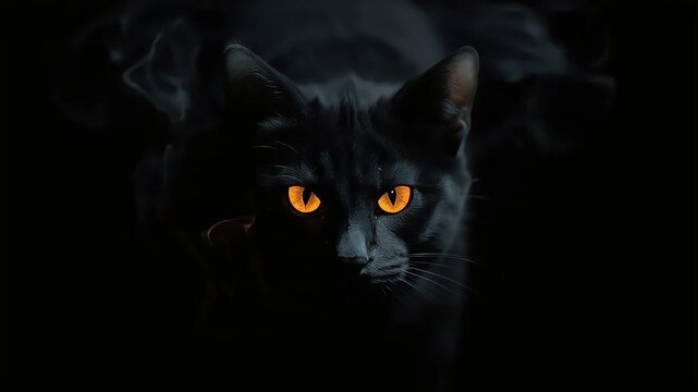 Black cat with glowing orange eyes emerging from mystical dark smoke in spooky halloween video clip