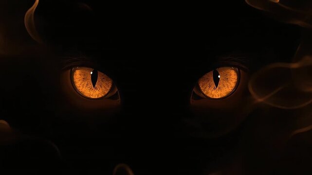 Glowing yellow cat eyes staring intently from dark shadows in mysterious cinematic motion video footage