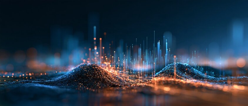 Data landscape of glowing particle hills with blue orange light bars - big data visualization and digital terrain - idea for data analytics financial technology and stock market background