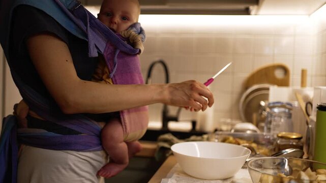 Busy mother preparing a delicious homemade apple charlotte in a cozy kitchen, multitasking by carrying her infant in a baby sling while she expertly breaks an egg for the cake batter