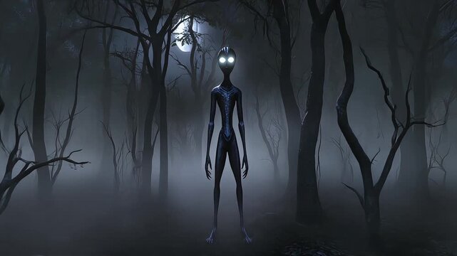 Eerie alien creature standing mysteriously inside dark mystical foggy forest illuminated by glowing moonlight digital motion video footage