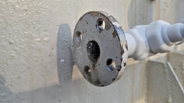 Dangerous high-pressure liquid or cryogenic gas spraying violently from a leaking industrial metal pipe flange, illustrating equipment failure and safety hazard
