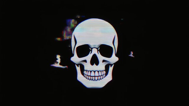 Creepy skull head with retro analog video glitch artifacts flashing across dark monitor screen in animation