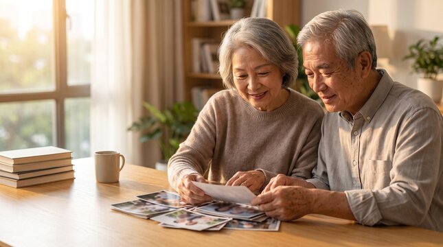 Older Man and Woman Looking at Photographs at a Table