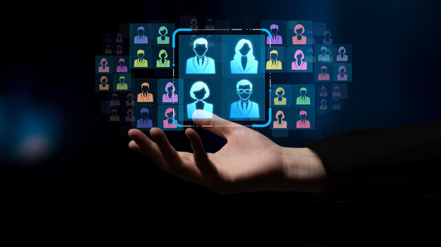 Hand Reaching Out to Digital Interface Displaying Multiple User Profiles in a Virtual Environment Sigmoid