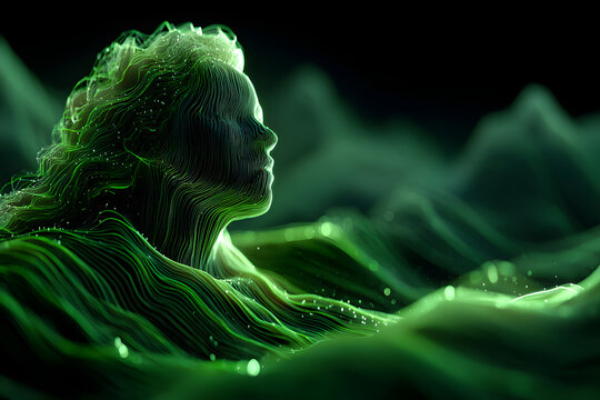 Abstract digital background with a concept of data beach, cybersecurity, or haking, featuring green binay code and a silhouette ofa head, ideal for technoloy-related designs with cop space