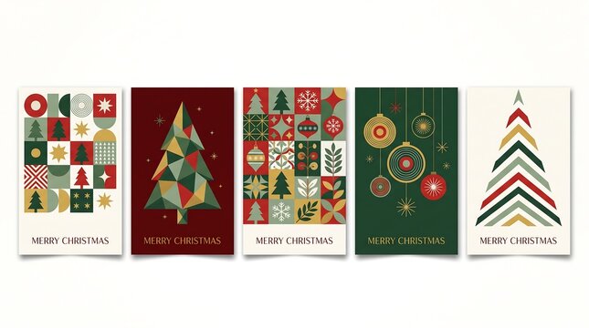 Set of modern geometric Christmas greeting card templates featuring abstract pine tree and ornament designs