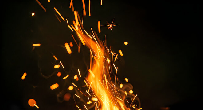 Bright orange sparks rising from a campfire during a festive national day celebration in the dark night