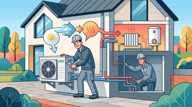 HVAC technicians installing and servicing home heating and cooling systems for energy efficiency and comfort