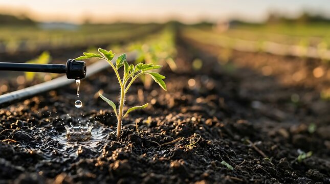 Drip irrigation system watering a young tomato plant in a field at
