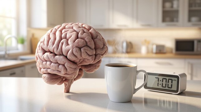 Human brain model next to a steaming coffee mug and digital alarm clock showing 7:00 AM on a kitchen counter, representing morning wake-up, brain activation, coffee boost, productive start of the day