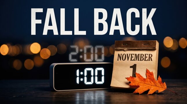 Digital clock showing time change from 2:00 to 1:00 with "FALL BACK" text, November 1 calendar and autumn leaves on a dark background, representing daylight saving time end and clock rollback
