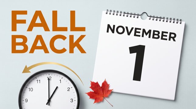 Tear-off calendar page showing November 1 with "FALL BACK" text, analog clock with backward arrow and red maple leaf, representing daylight saving time end and fall season transition