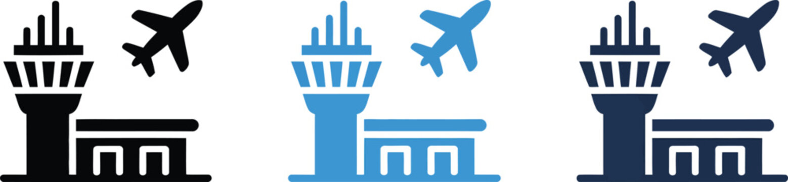 Airport control tower, and airplane icon set, aviation symbols airport facilities flight control and air traffic elements for travel agencies airline services and transportation systems.