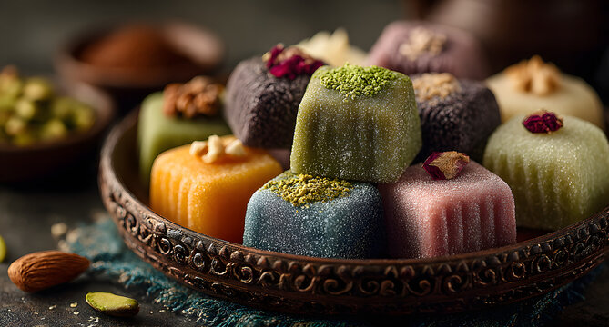 traditional indian sweets on concrete background fla lay