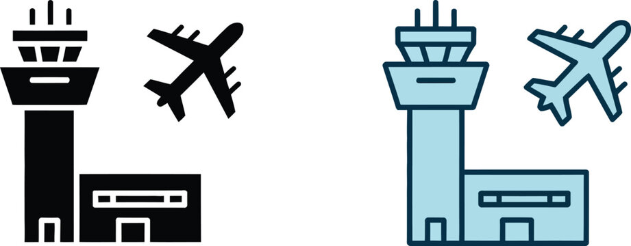 Airport control tower, and airplane icon set, aviation symbols airport infrastructure flight control and air traffic elements for travel navigation and airline services.