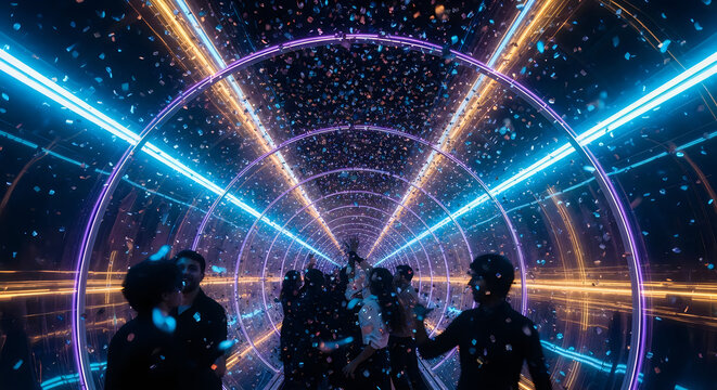 Futuristic neon light tunnel celebrating national day with vibrant digital displays and glowing architectural structures in a modern city