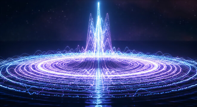 A stunning digital light display celebrating national day with glowing concentric circles and radiant vertical beams of energy